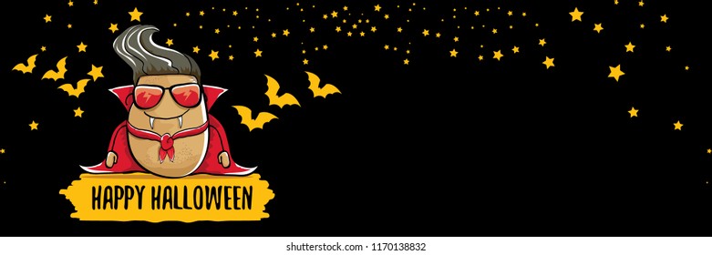 vector funny cartoon cute dracula potato with fangs and red cape isolated on dark background. happy halloween horizontal banner background . vampire monster vegetable funky character