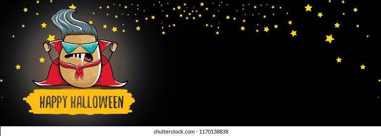 vector funny cartoon cute dracula potato with fangs and red cape isolated on dark background. happy halloween horizontal banner background . vampire monster vegetable funky character