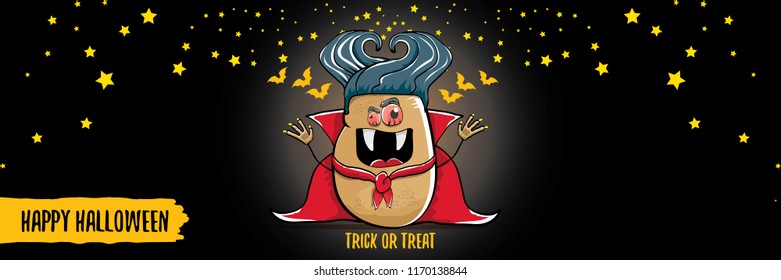 vector funny cartoon cute dracula potato with fangs and red cape isolated on dark background. happy halloween horizontal banner background . vampire monster vegetable funky character