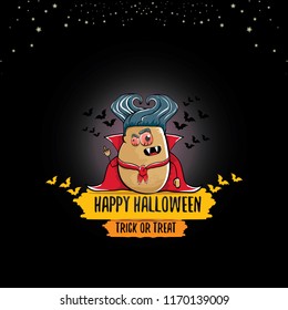 vector funny cartoon cute dracula potato with fangs and red cape isolated on dark  background. My name is dracula potato vector concept halloween background. vampire monster vegetable funky character