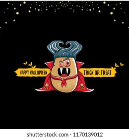 vector funny cartoon cute dracula potato with fangs and red cape isolated on dark  background. My name is dracula potato vector concept halloween background. vampire monster vegetable funky character