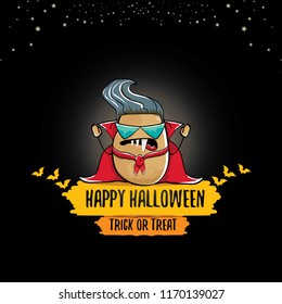 vector funny cartoon cute dracula potato with fangs and red cape isolated on dark  background. My name is dracula potato vector concept halloween background. vampire monster vegetable funky character