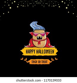 vector funny cartoon cute dracula potato with fangs and red cape isolated on dark  background. My name is dracula potato vector concept halloween background. vampire monster vegetable funky character