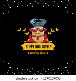 vector funny cartoon cute dracula potato with fangs and red cape isolated on dark  background. My name is dracula potato vector concept halloween background. vampire monster vegetable funky character