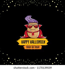 vector funny cartoon cute dracula potato with fangs and red cape isolated on dark  background. My name is dracula potato vector concept halloween background. vampire monster vegetable funky character