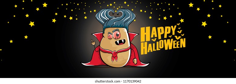 vector funny cartoon cute dracula potato with fangs and red cape isolated on dark background. happy halloween horizontal banner background . vampire monster vegetable funky character