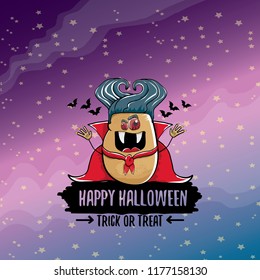 vector funny cartoon cute dracula potato with fangs and red cape isolated on dark background. My name is dracula potato vector concept halloween background. vampire monster vegetable funky character