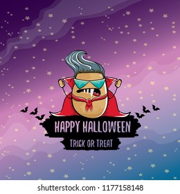 vector funny cartoon cute dracula potato with fangs and red cape isolated on dark background. My name is dracula potato vector concept halloween background. vampire monster vegetable funky character