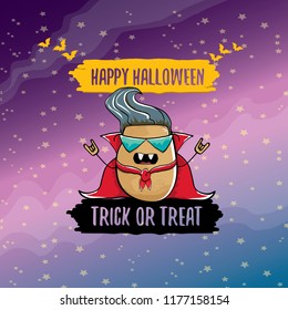 vector funny cartoon cute dracula potato with fangs and red cape isolated on dark background. My name is dracula potato vector concept halloween background. vampire monster vegetable funky character
