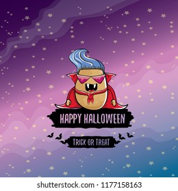 vector funny cartoon cute dracula potato with fangs and red cape isolated on dark background. My name is dracula potato vector concept halloween background. vampire monster vegetable funky character