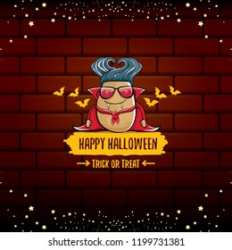 vector funny cartoon cute dracula potato with fangs and red cape isolated on brick background. My name is dracula potato vector concept halloween background. vampire monster vegetable funky character