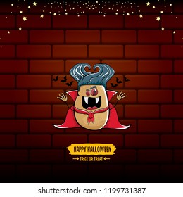 vector funny cartoon cute dracula potato with fangs and red cape isolated on brick background. My name is dracula potato vector concept halloween background. vampire monster vegetable funky character