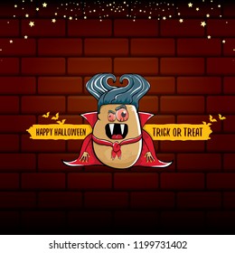 vector funny cartoon cute dracula potato with fangs and red cape isolated on brick background. My name is dracula potato vector concept halloween background. vampire monster vegetable funky character