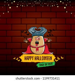 vector funny cartoon cute dracula potato with fangs and red cape isolated on brick background. My name is dracula potato vector concept halloween background. vampire monster vegetable funky character