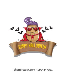 vector funny cartoon cute dracula potato with fangs and red cape isolated on white background. My name is dracula potato vector concept halloween background. vampire monster vegetable funky character