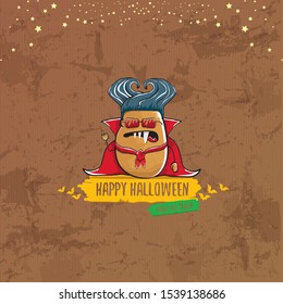 vector funny cartoon cute dracula potato with fangs and red cape isolated on brown background. My name is dracula potato vector concept halloween background. vampire monster vegetable funky character