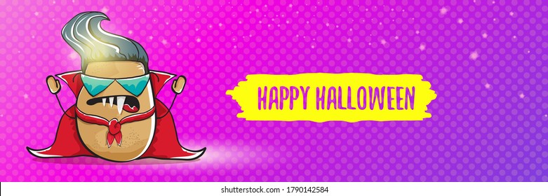 vector funny cartoon cute dracula potato with fangs and red cape isolated on violet background. happy halloween horizontal banner background . vampire monster vegetable funky character