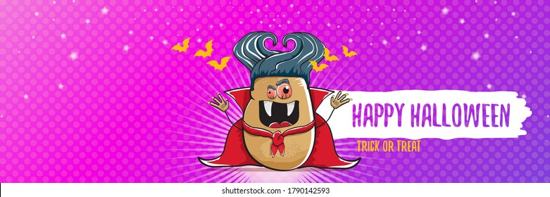 vector funny cartoon cute dracula potato with fangs and red cape isolated on violet background. happy halloween horizontal banner background . vampire monster vegetable funky character
