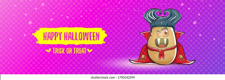 vector funny cartoon cute dracula potato with fangs and red cape isolated on violet background. happy halloween horizontal banner background . vampire monster vegetable funky character
