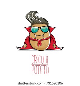 vector funny cartoon cute dracula potato with fangs and red cape isolated on white background. My name is dracula potato vector concept halloween background. vampire monster vegetable funky character