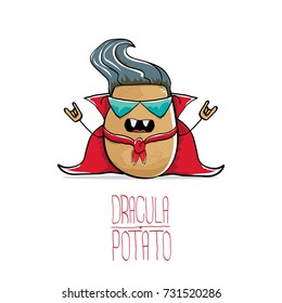 vector funny cartoon cute dracula potato with fangs and red cape isolated on white background. My name is dracula potato vector concept halloween background. vampire monster vegetable funky character