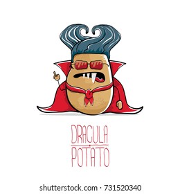 vector funny cartoon cute dracula potato with fangs and red cape isolated on white background. My name is dracula potato vector concept halloween background. vampire monster vegetable funky character