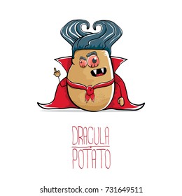 vector funny cartoon cute dracula potato with fangs and red cape isolated on white background. My name is dracula potato vector concept halloween background. vampire monster vegetable funky character