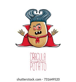 vector funny cartoon cute dracula potato with fangs and red cape isolated on white background. My name is dracula potato vector concept halloween background. vampire monster vegetable funky character