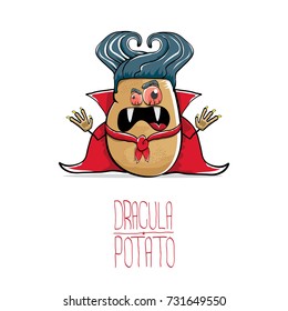vector funny cartoon cute dracula potato with fangs and red cape isolated on white background. My name is dracula potato vector concept halloween background. vampire monster vegetable funky character
