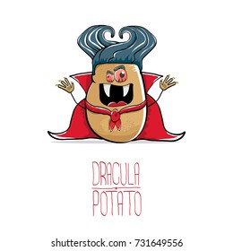 vector funny cartoon cute dracula potato with fangs and red cape isolated on white background. My name is dracula potato vector concept halloween background. vampire monster vegetable funky character