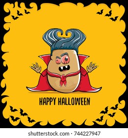 vector funny cartoon cute dracula potato with fangs and red cape isolated on orange background. happy halloween background greeting card . vampire monster vegetable funky character