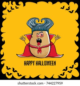 vector funny cartoon cute dracula potato with fangs and red cape isolated on orange background. happy halloween background greeting card . vampire monster vegetable funky character