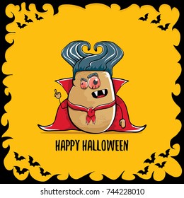 vector funny cartoon cute dracula potato with fangs and red cape isolated on orange background. happy halloween background greeting card . vampire monster vegetable funky character