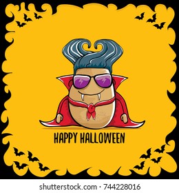 vector funny cartoon cute dracula potato with fangs and red cape isolated on orange background. happy halloween background greeting card . vampire monster vegetable funky character