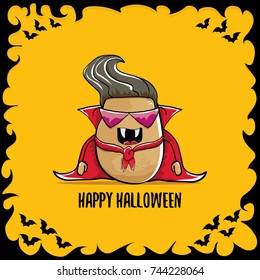 vector funny cartoon cute dracula potato with fangs and red cape isolated on orange background. happy halloween background greeting card . vampire monster vegetable funky character