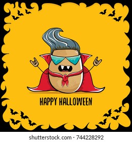 vector funny cartoon cute dracula potato with fangs and red cape isolated on orange background. happy halloween background greeting card . vampire monster vegetable funky character