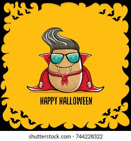 vector funny cartoon cute dracula potato with fangs and red cape isolated on orange background. happy halloween background greeting card . vampire monster vegetable funky character