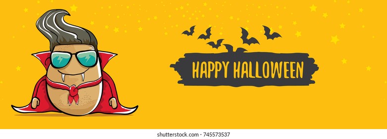 vector funny cartoon cute dracula potato with fangs and red cape isolated on orange background. happy halloween horizontal banner background . vampire monster vegetable funky character