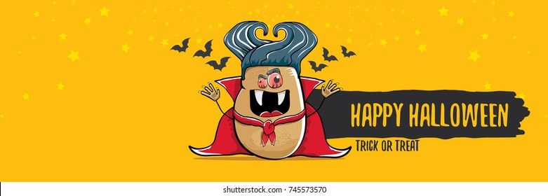 vector funny cartoon cute dracula potato with fangs and red cape isolated on orange background. happy halloween horizontal banner background . vampire monster vegetable funky character