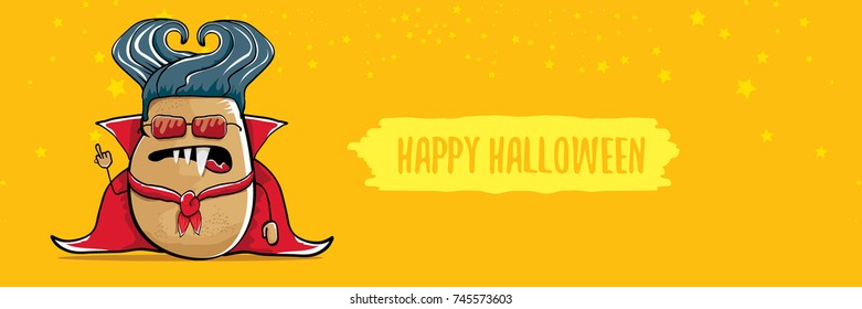 vector funny cartoon cute dracula potato with fangs and red cape isolated on orange background. happy halloween horizontal banner background . vampire monster vegetable funky character