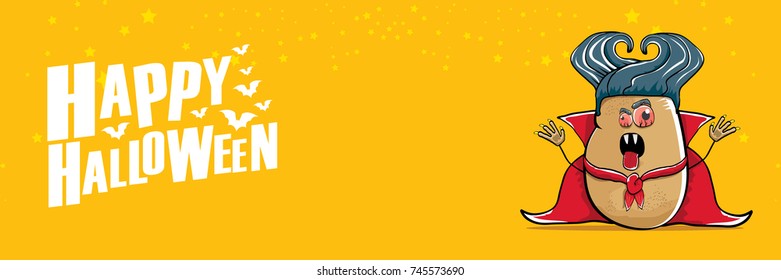 vector funny cartoon cute dracula potato with fangs and red cape isolated on orange background. happy halloween horizontal banner background . vampire monster vegetable funky character