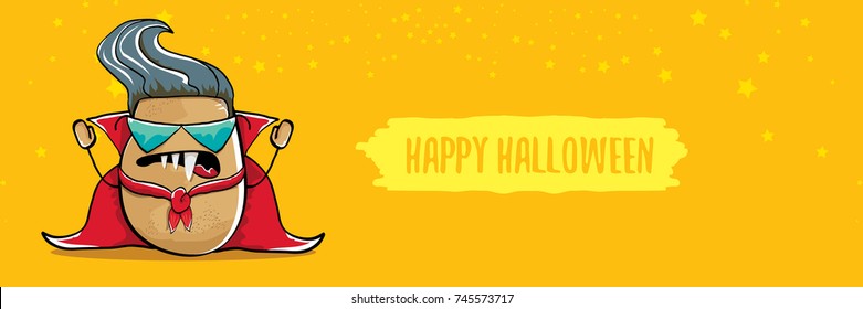 vector funny cartoon cute dracula potato with fangs and red cape isolated on orange background. happy halloween horizontal banner background . vampire monster vegetable funky character