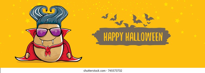 vector funny cartoon cute dracula potato with fangs and red cape isolated on orange background. happy halloween horizontal banner background . vampire monster vegetable funky character