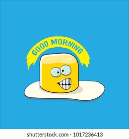 vector funny cartoon cute fried egg character with calligraphic text good morning isolated on blue background. good morning vector concept illustration