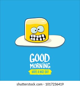vector funny cartoon cute fried egg character with calligraphic text good morning isolated on blue background. good morning vector concept illustration