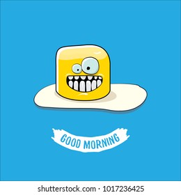 vector funny cartoon cute fried egg character with calligraphic text good morning isolated on blue background. good morning vector concept illustration