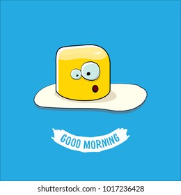 vector funny cartoon cute fried egg character with calligraphic text good morning isolated on blue background. good morning vector concept illustration
