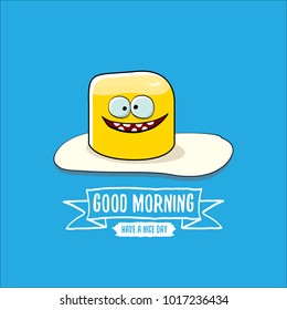 vector funny cartoon cute fried egg character with calligraphic text good morning isolated on blue background. good morning vector concept illustration