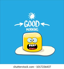 vector funny cartoon cute fried egg character with calligraphic text good morning isolated on blue background. good morning vector concept illustration