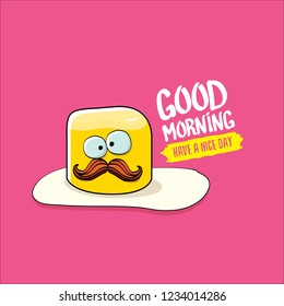 vector funny cartoon cute fried egg character with calligraphic text good morning isolated on pink background. good morning vector concept illustration